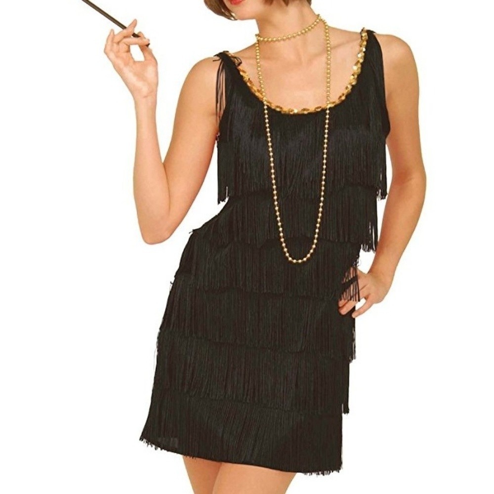 California Costume Collections Black Lurex Flapper Fringe Dress Gold Sequins M